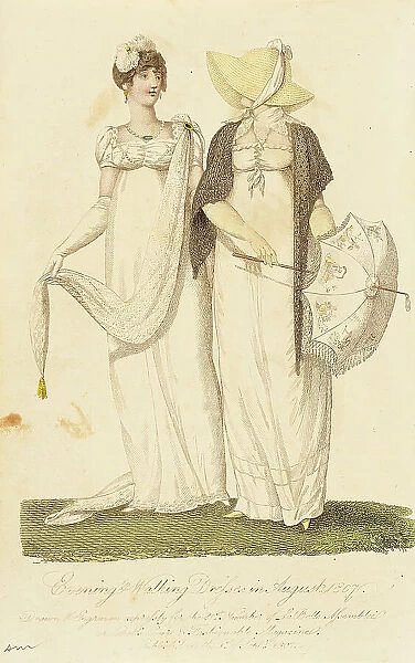 Fashion Plate (Evening & Walking Dresses in August 1807), 1807. Creator: John Bell. Fashion Plate (Evening & Walking Dresses in August 1807), 1807. Creator: John Bell