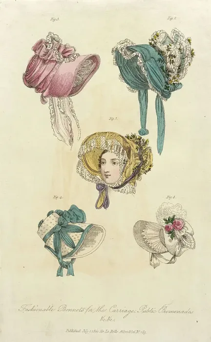 Framed Print : Fashion Plate (Fashionable Bonnets for the Carriage, Public Promenades), 1822. Creator: John Bell Framed Print : Fashion Plate (Fashionable Bonnets for the Carriage, Public Promenades), 1822. Creator: John Bell