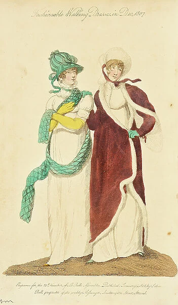 Fashion Plate (Fashionable Walking Dresses in Dec. 1807), 1808. Creator: John Bell