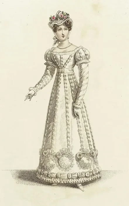 Framed Print : Fashion Plate (French Dinner Party Dress), 1821. Creator: John Bell Framed Print : Fashion Plate (French Dinner Party Dress), 1821. Creator: John Bell