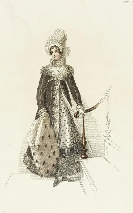 Framed Print : Fashion Plate (Half Mourning Walking Dress), 1819. Creator: Unknown Framed Print : Fashion Plate (Half Mourning Walking Dress), 1819. Creator: Unknown