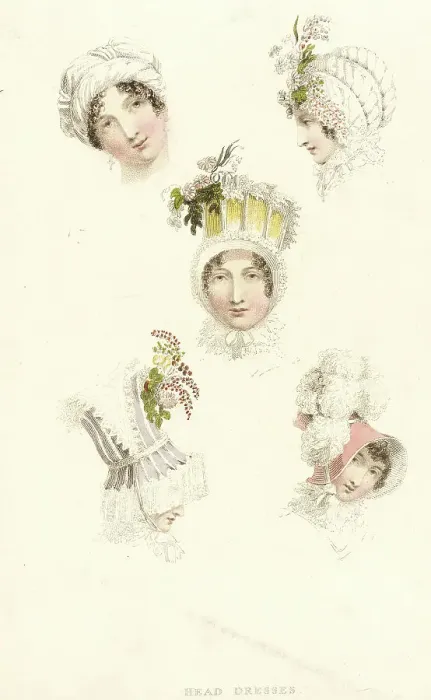 Framed Print : Fashion Plate (Head Dresses), 1814. Creator: Rudolph Ackermann Framed Print : Fashion Plate (Head Dresses), 1814. Creator: Rudolph Ackermann