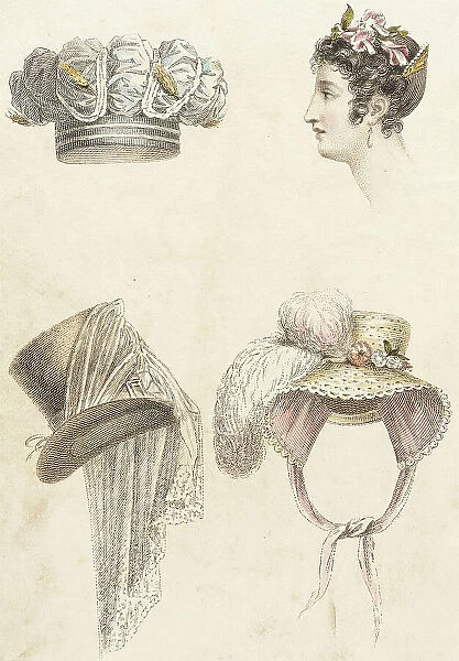 Fashion Plate (Head Dresses), 1823--. Creator: Rudolph Ackermann