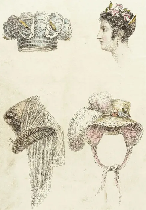 Framed Print : Fashion Plate (Head Dresses), 1823--. Creator: Rudolph Ackermann Framed Print : Fashion Plate (Head Dresses), 1823--. Creator: Rudolph Ackermann