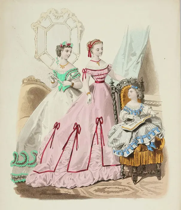 Framed Print : Fashion plate - Journal des Demoiselles II, 1866. Creator: Gilquin fils Framed Print : Fashion plate - Journal des Demoiselles II, 1866. Creator: Gilquin fils
