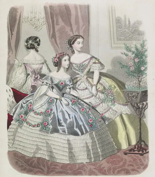 Framed Print : Fashion plate from Le Monde Elégant, 1859. Creator: Unknown Framed Print : Fashion plate from Le Monde Elégant, 1859. Creator: Unknown
