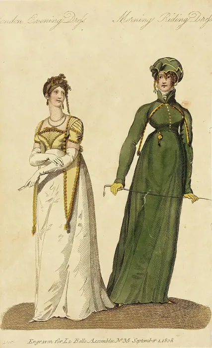 Framed Print : Fashion Plate (London Evening Dress - Morning Riding Dress), 1808. Creator: John Bell Framed Print : Fashion Plate (London Evening Dress - Morning Riding Dress), 1808. Creator: John Bell