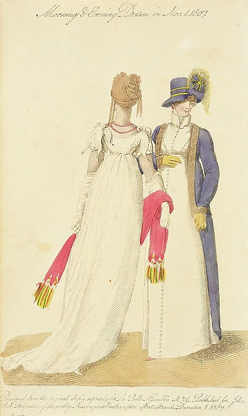 Fashion Plate (Morning & Evening Dresses in Nov. 1, 1807), 1807. Creator: John Bell. Fashion Plate (Morning & Evening Dresses in Nov. 1, 1807), 1807. Creator: John Bell