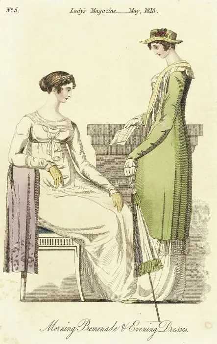 Framed Print : Fashion Plate (Morning Promenade and Evening Dresses), 1813. Creator: Unknown Framed Print : Fashion Plate (Morning Promenade and Evening Dresses), 1813. Creator: Unknown