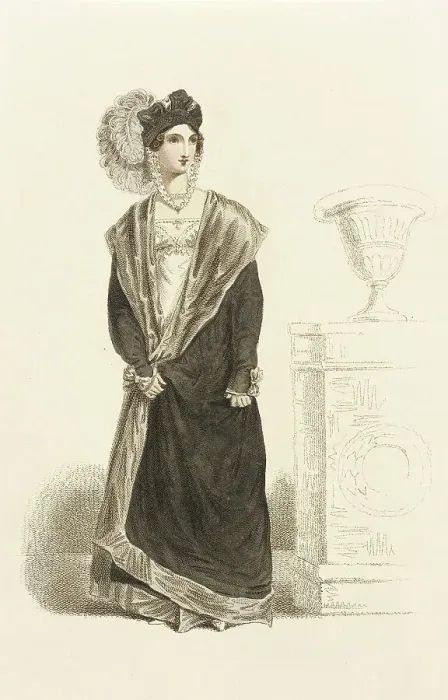 Framed Print : Fashion Plate (Mrs. Bell's Mantelet à la Capucine), 02-01-1820. Creator: John Bell Framed Print : Fashion Plate (Mrs. Bell's Mantelet à la Capucine), 02-01-1820. Creator: John Bell