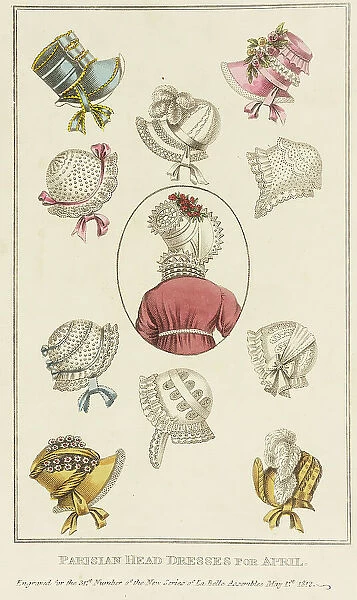 Fashion Plate (Parisian Head Dresses for April), 1812. Creator: John Bell
