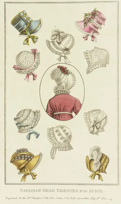 Framed Print : Fashion Plate (Parisian Head Dresses for April), 1812. Creator: John Bell Framed Print : Fashion Plate (Parisian Head Dresses for April), 1812. Creator: John Bell