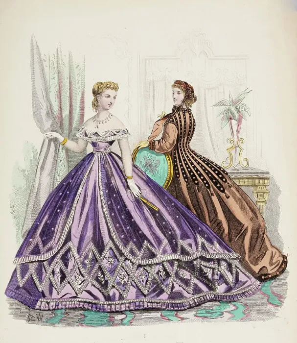 Framed Print : Fashion Plate - Petit Courrier des Dames Modes de Paris, 1865-66. Creators: Gilquin fils, A. Carrache Framed Print : Fashion Plate - Petit Courrier des Dames Modes de Paris, 1865-66. Creators: Gilquin fils, A. Carrache