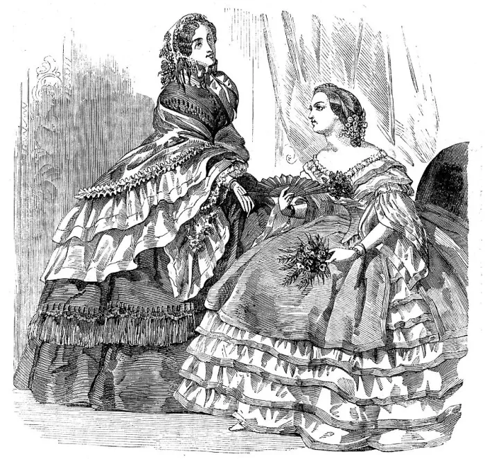 Framed Print : Fashions for August - Promenade or Carriage Costume, and Ball Dress, 1858. Creator: Unknown Framed Print : Fashions for August - Promenade or Carriage Costume, and Ball Dress, 1858. Creator: Unknown