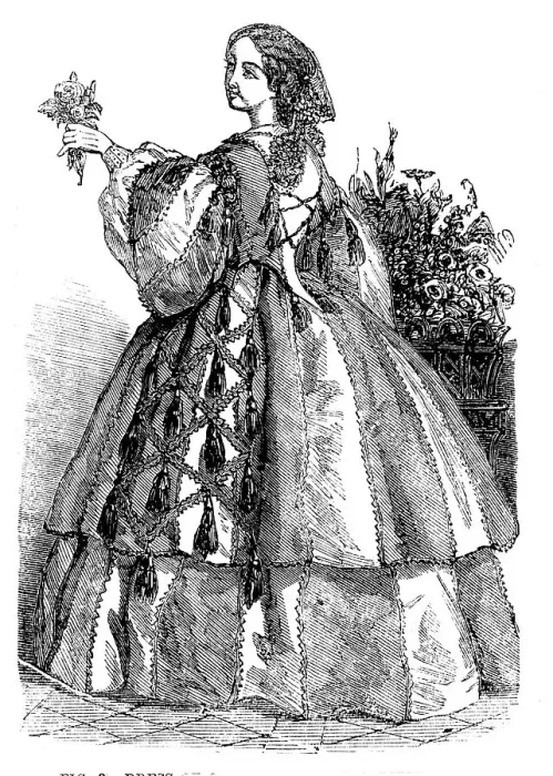 Framed Print : Fashions for November - Dress of Green and Grey Striped Silk, 1858. Creator: Unknown Framed Print : Fashions for November - Dress of Green and Grey Striped Silk, 1858. Creator: Unknown