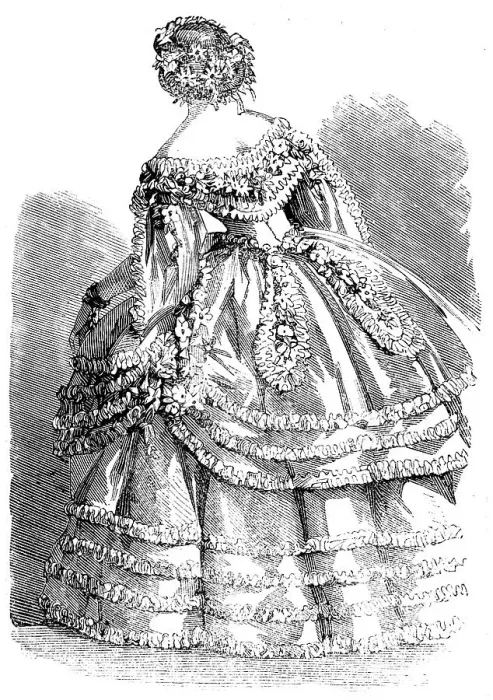 Framed Print : Fashions for November - Robe of White Crape over a slip of White Satin, 1858. Creator: Unknown Framed Print : Fashions for November - Robe of White Crape over a slip of White Satin, 1858. Creator: Unknown