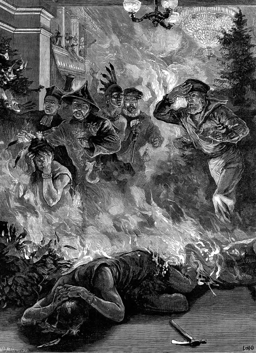 Framed Print : Fatal disaster at the art-students masquerade in Munich, 1881. Creator: W. I. Mosses. Fatal disaster at the art-students masquerade in Munich, 1881. Creator: W. I. Mosses