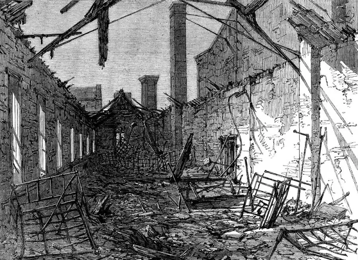 Framed Print : The fatal fire at the Liverpool Workhouse, Brownlow-Hill: ruins of the children's dormitory, 1862. Creator: Unknown Framed Print : The fatal fire at the Liverpool Workhouse, Brownlow-Hill: ruins of the children's dormitory, 1862. Creator: Unknown