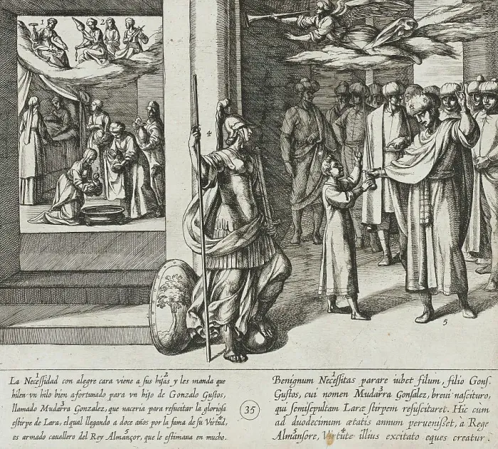 Framed Print : The Fates Weave the Life Thread of Mudarra, Son of Gonzalo Gustos. He is Dubbed a Knight... 1612. Creator: Antonio Tempesta Framed Print : The Fates Weave the Life Thread of Mudarra, Son of Gonzalo Gustos. He is Dubbed a Knight... 1612. Creator: Antonio Tempesta