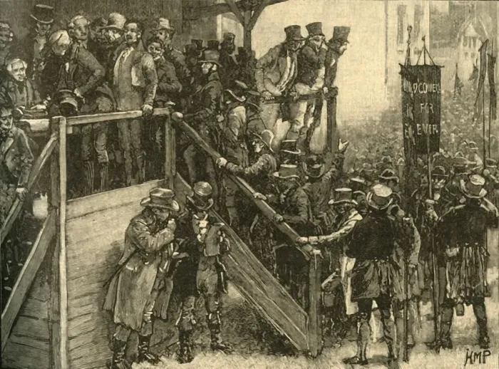 Framed Print : Father John Murphy leading his tenants to vote in the Clare by-election, Ireland, 1828 (c1890) Framed Print : Father John Murphy leading his tenants to vote in the Clare by-election, Ireland, 1828 (c1890)