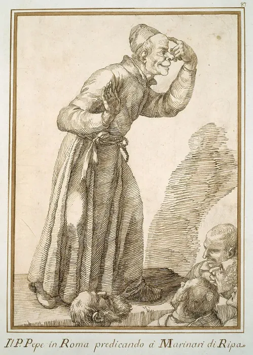 Framed Print : Father Pepe Preaching to Sailors, c.1740. Creator: Pier Leone Ghezzi Framed Print : Father Pepe Preaching to Sailors, c.1740. Creator: Pier Leone Ghezzi