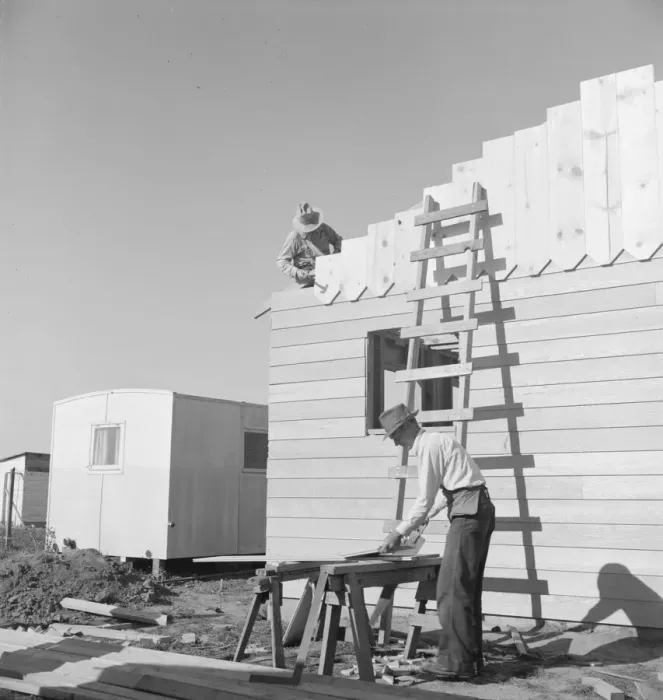 Framed Print : Father and son, recent migrants to California, building house, Salinas, California, 1939. Creator: Dorothea Lange Framed Print : Father and son, recent migrants to California, building house, Salinas, California, 1939. Creator: Dorothea Lange
