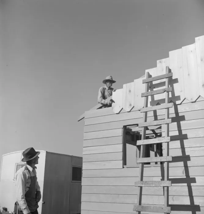 Framed Print : Father and son, recent migrants to California, building house, Salinas, California, 1939. Creator: Dorothea Lange Framed Print : Father and son, recent migrants to California, building house, Salinas, California, 1939. Creator: Dorothea Lange