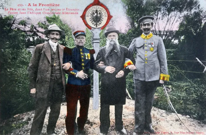 Framed Print : Father and his sons at the French / German border, 20th century Framed Print : Father and his sons at the French / German border, 20th century