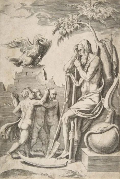 Framed Print : Father Time at the right leaning on a scythe, three naked boys and eagle at the left, 1