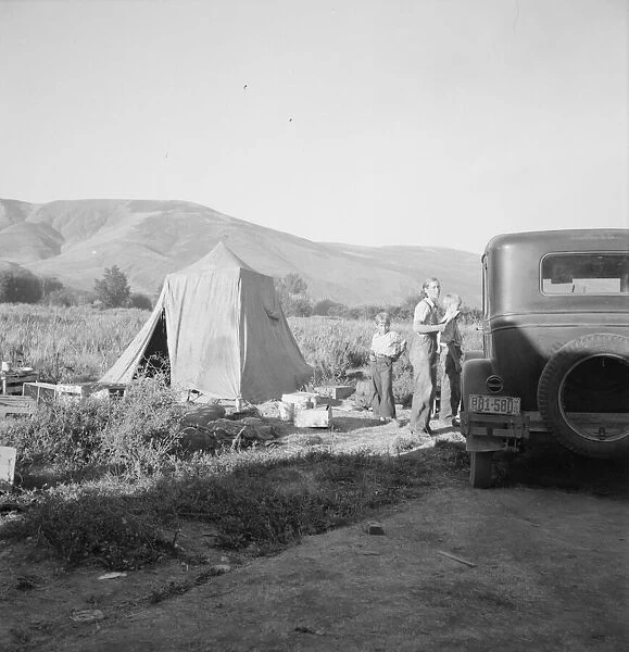 Fatherless migratory family camped behind gas station, Yakima Valley, Washington, 1939. Creator: Dorothea Lange