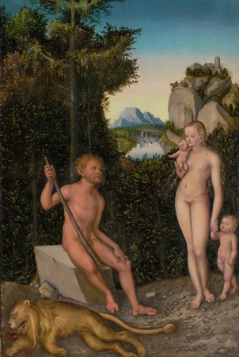 Framed Print : A Faun and His Family with a Slain Lion, about 1526. Creator: Lucas Cranach the Elder Framed Print : A Faun and His Family with a Slain Lion, about 1526. Creator: Lucas Cranach the Elder