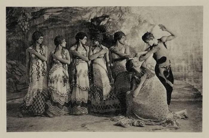Framed Print : Faun (Nijinsky) and five maenads. Scene from the Nijinsky ballet The Afternoon of a Faun, 1912. Creator: De Meyer, Baron Adolphe Edward Sigismund (1868-1946). Faun (Nijinsky) and five maenads Framed Print : Faun (Nijinsky) and five maenads. Scene from the Nijinsky ballet The Afternoon of a Faun, 1912. Creator: De Meyer, Baron Adolphe Edward Sigismund (1868-1946). Faun (Nijinsky) and five maenads