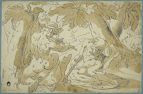Faun playing flute sleeping shepherd (Merkurius o Argus). Creator: Abraham Bloemaert