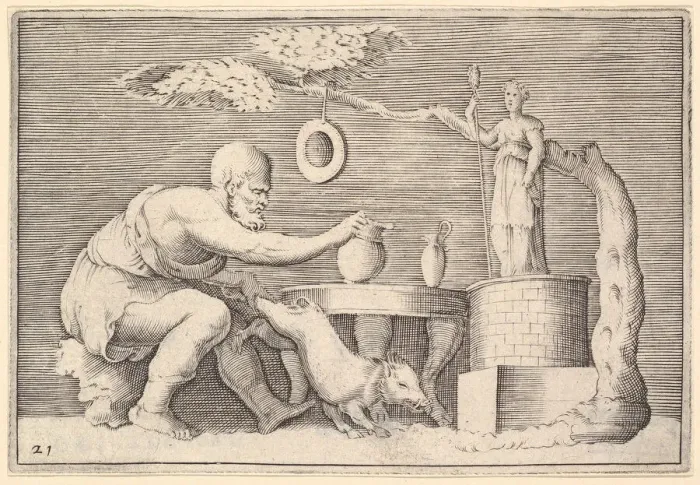 Framed Print : A Faun or Satyr Preparing a Pig for Sacrifice, published ca. 1599-1622. Creator: Unknown Framed Print : A Faun or Satyr Preparing a Pig for Sacrifice, published ca. 1599-1622. Creator: Unknown