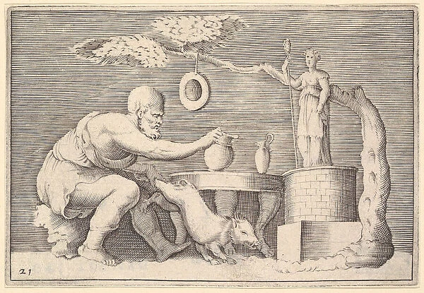 A Faun or Satyr Preparing a Pig for Sacrifice, published ca. 1599-1622. Creator: Unknown