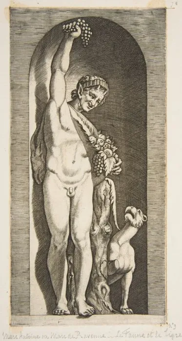 Framed Print : A faun standing in a niche holding aloft a bunch of grapes with his right hand Framed Print : A faun standing in a niche holding aloft a bunch of grapes with his right hand