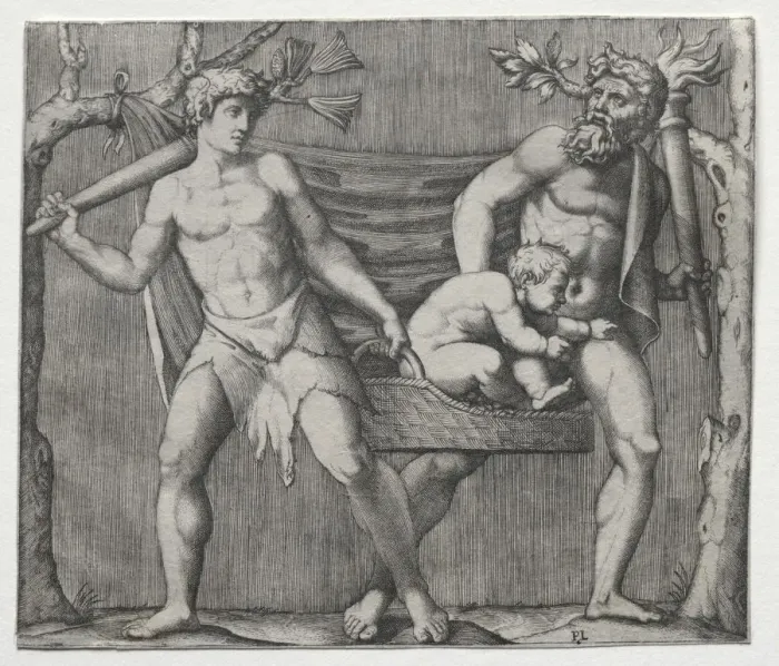 Framed Print : Two Fauns Carrying a Child in a Basket, c. 1513-1515. Creator: Marcantonio Raimondi (Italian Framed Print : Two Fauns Carrying a Child in a Basket, c. 1513-1515. Creator: Marcantonio Raimondi (Italian