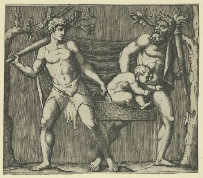 Framed Print : Two Fauns Carrying a Child, ca. 1513-15. Creator: Marcantonio Raimondi Framed Print : Two Fauns Carrying a Child, ca. 1513-15. Creator: Marcantonio Raimondi