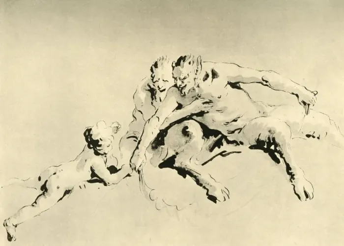 Framed Print : Two Fauns and a Cupid, mid 18th century, (1928). Artist: Giovanni Battista Tiepolo Framed Print : Two Fauns and a Cupid, mid 18th century, (1928). Artist: Giovanni Battista Tiepolo