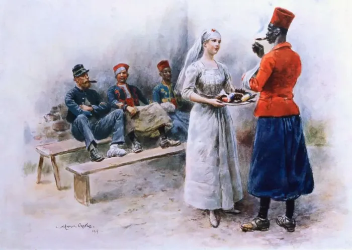 Framed Print : The Favourite Nurse with Zouaves and Soldiers during WWI, 1915 (Colour Lithograph) Framed Print : The Favourite Nurse with Zouaves and Soldiers during WWI, 1915 (Colour Lithograph)