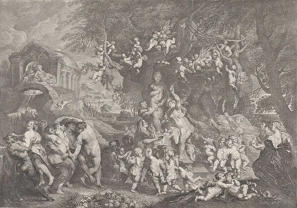 The Feast of Venus, with groups of satyrs, nymphs, and putti dancing around a statue of