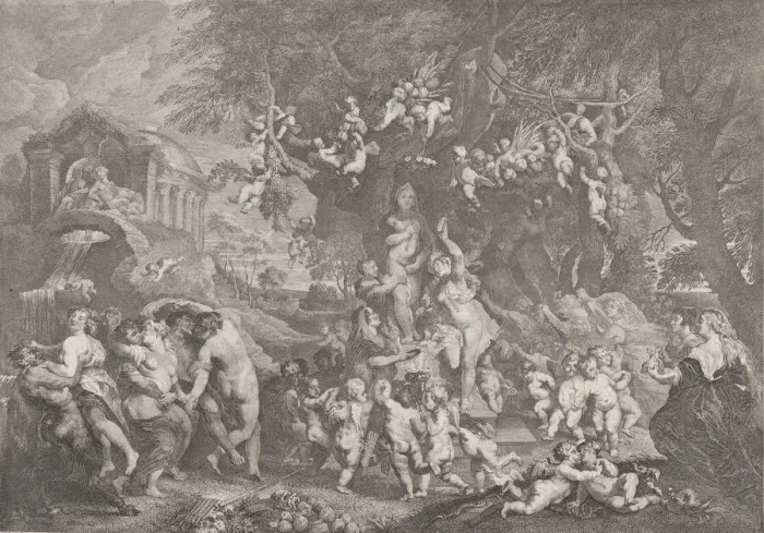 Framed Print : The Feast of Venus, with groups of satyrs, nymphs, and putti dancing around a statue of Framed Print : The Feast of Venus, with groups of satyrs, nymphs, and putti dancing around a statue of