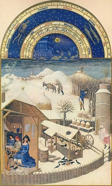 February - village under the snow, 15th century, (1939). Creator: Paul Limbourg