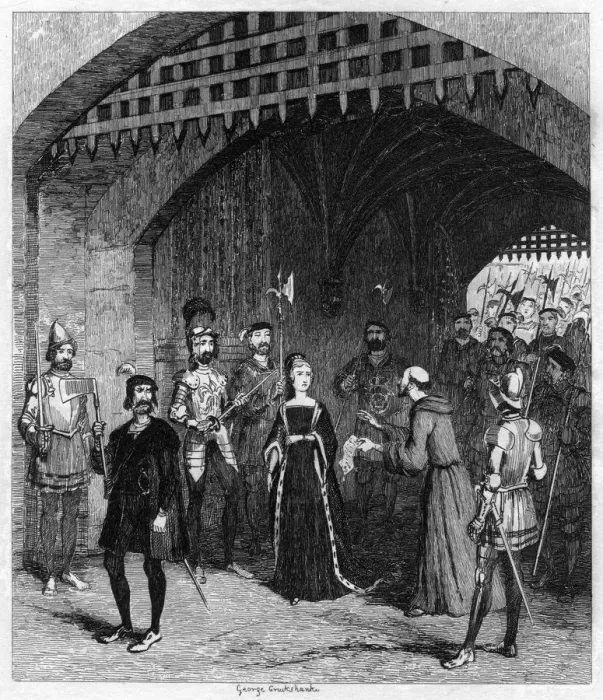 Framed Print : Feckenham offering Lady Jane Grey a pardon on her way to trial, 1553 (1840). Artist: George Cruikshank Framed Print : Feckenham offering Lady Jane Grey a pardon on her way to trial, 1553 (1840). Artist: George Cruikshank