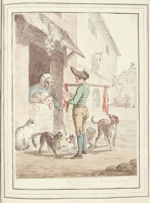 Framed Print : Feeding the Cats at Rome, leaf from A Collection of Dresses by David Allan Mostly from Nature, 1776 Creator: David Allan. Feeding the Cats at Rome Framed Print : Feeding the Cats at Rome, leaf from A Collection of Dresses by David Allan Mostly from Nature, 1776 Creator: David Allan. Feeding the Cats at Rome
