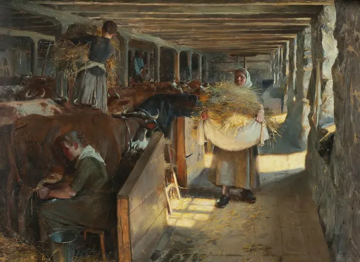 Framed Print : Feeding Time in a Cow-Shed, 1890. Creator: Oscar Bjorck Framed Print : Feeding Time in a Cow-Shed, 1890. Creator: Oscar Bjorck