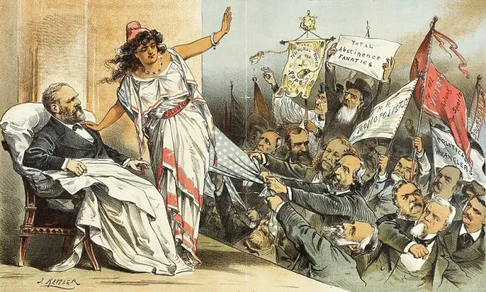 Framed Print : Feinde der Republik..... Cartoon from Puck, between 1880 and 1889. Creator: Joseph Keppler Framed Print : Feinde der Republik..... Cartoon from Puck, between 1880 and 1889. Creator: Joseph Keppler