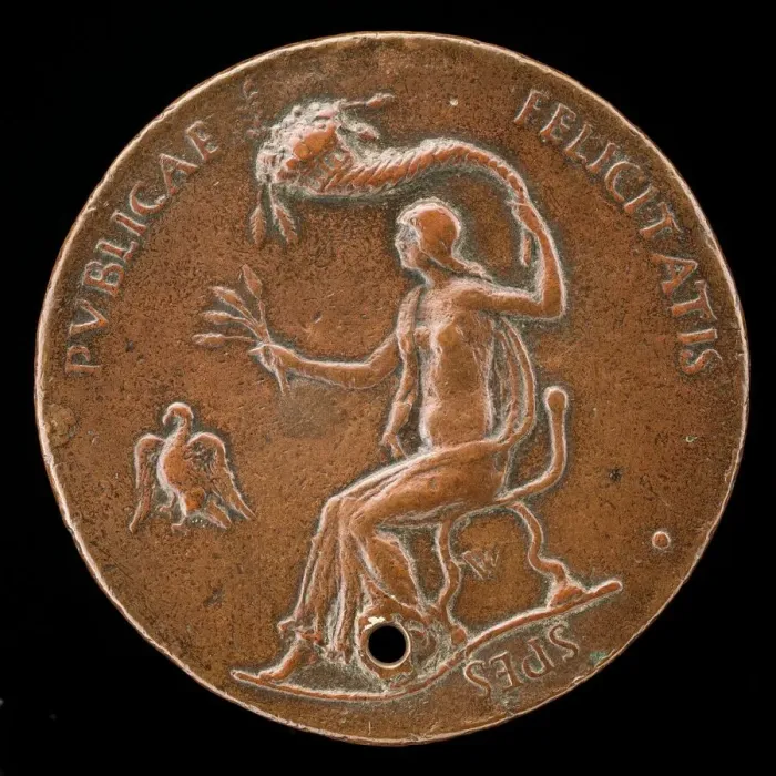 Framed Print : Felicitas Seated, Holding Ears of Corn and Waving Cornucopiae [reverse], 1494 or before