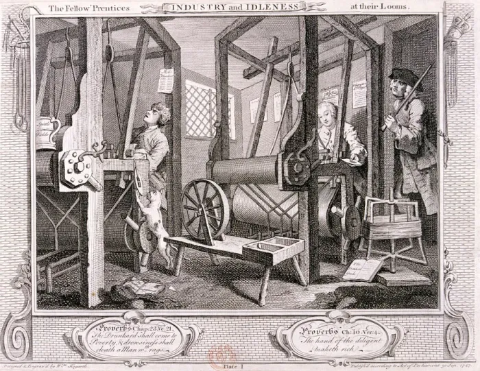Framed Print : The fellow prentices at their looms, plate I of Industry and Idleness, 1747 Framed Print : The fellow prentices at their looms, plate I of Industry and Idleness, 1747