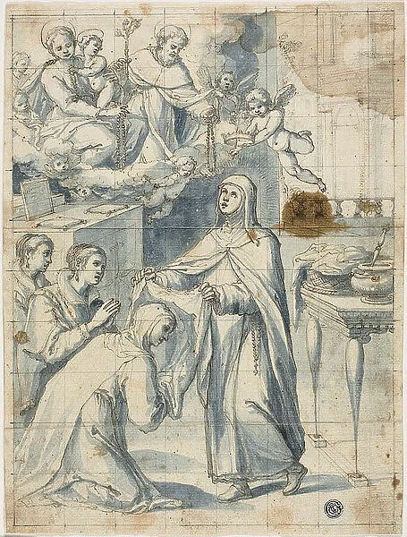Female Dominican Saint Beholding the Virgin and Child and Saint Dominic, While... n.d. Creator: Unknown
